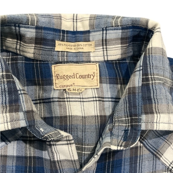Rugged Country Men's Blue and White Pearl Snap Plaid Shirt Size Medium - Picture 2 of 3
